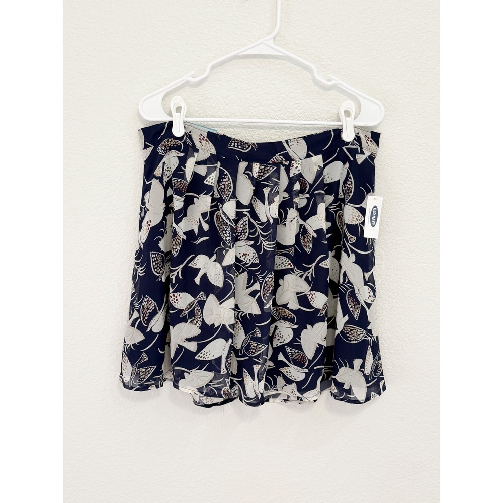 Old Navy Pleated Mini Skirt Blue Bird Print Navy Chiffon Lined Large NWT